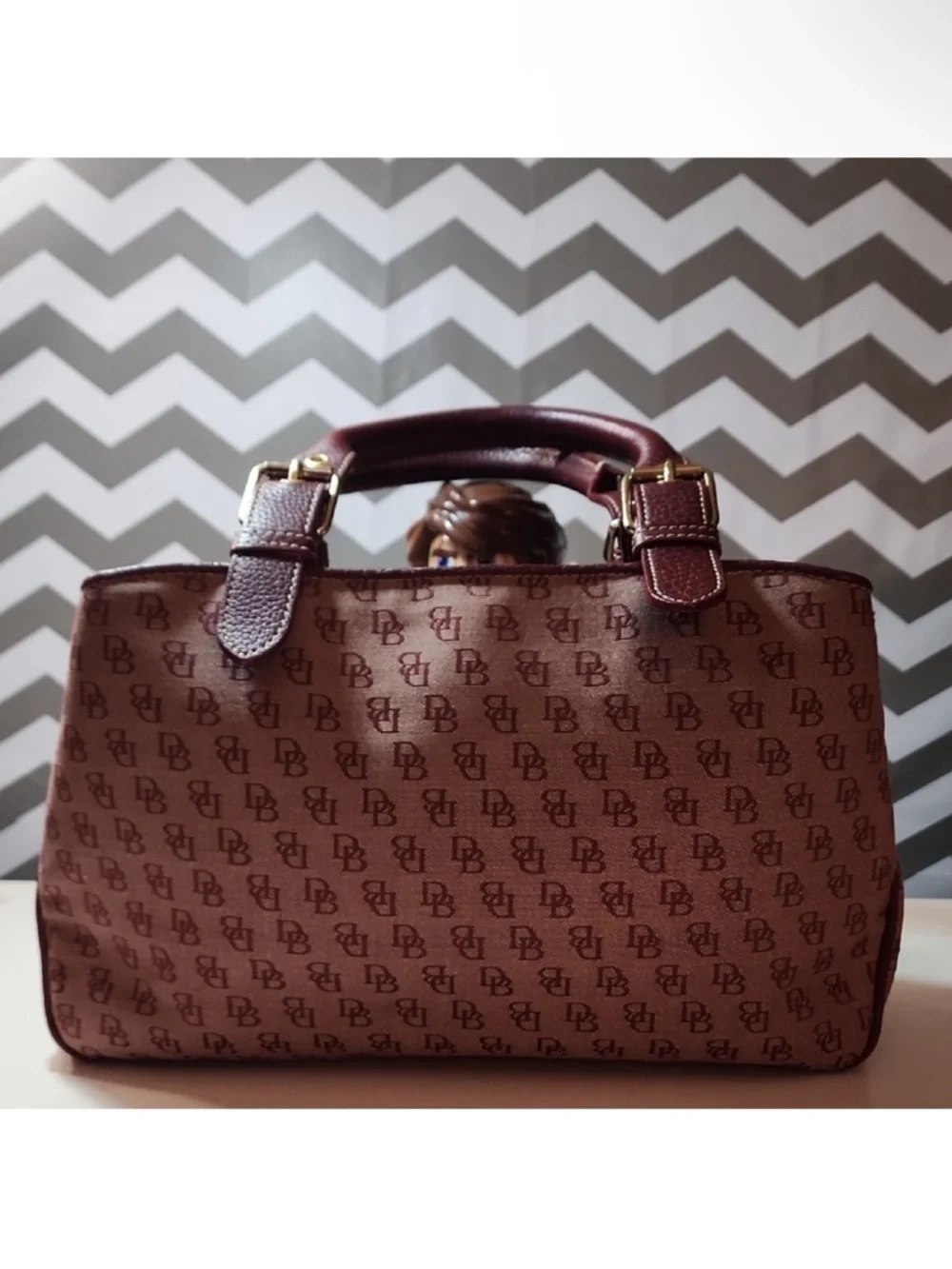 Dooney & Bourke Pink Monogram Satchel with Burgundy Trim